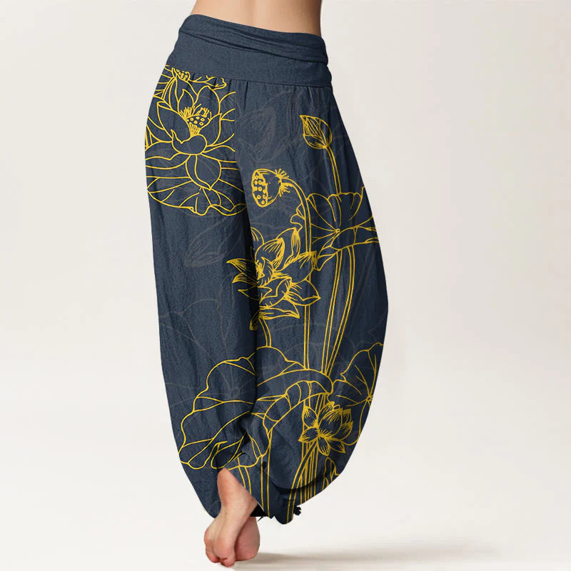 Buddha Stones Pure Cotton Concise Lotus Flower Leaf Pod Bud Pattern Women's Elastic Waist Harem Pants