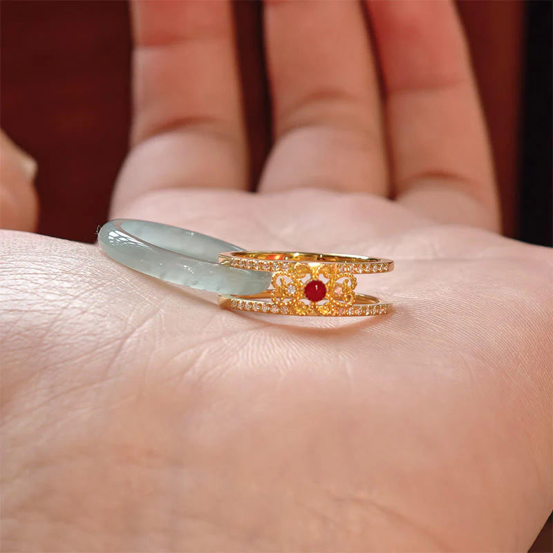 Buddha Stones Gold-Plated Copper Glass Flower Wealth Ring