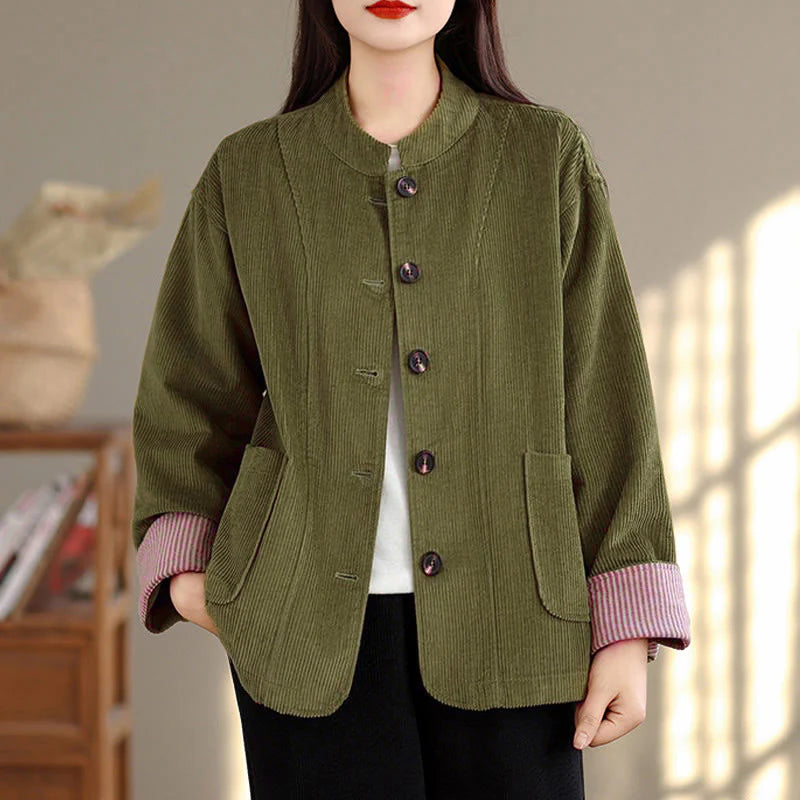 Buddha Stones Buttons Design Corduroy Long Sleeve Women's Jacket With Pockets