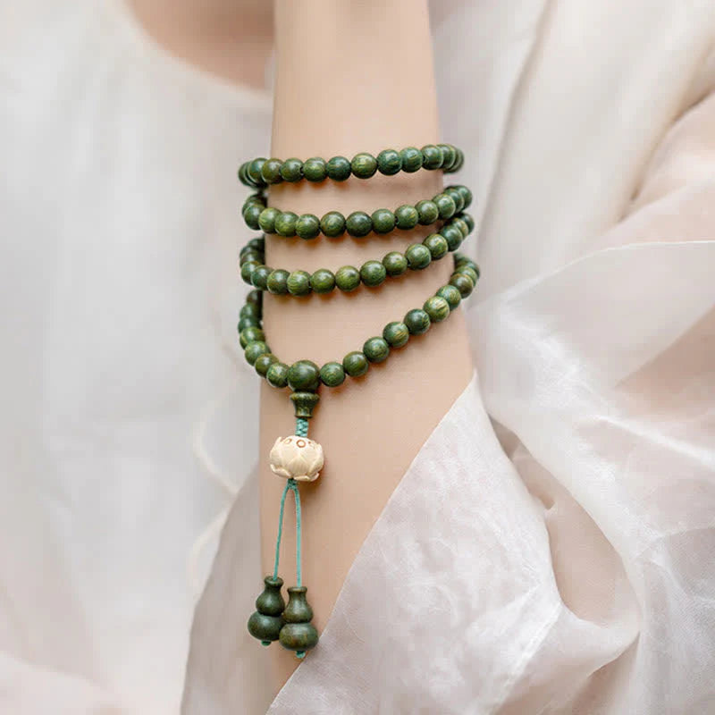 Buddha Stones 108 Mala Beads Green Sandalwood Boxwood Lotus Positive Bracelet (Extra 35% Off | USE CODE: FS35)