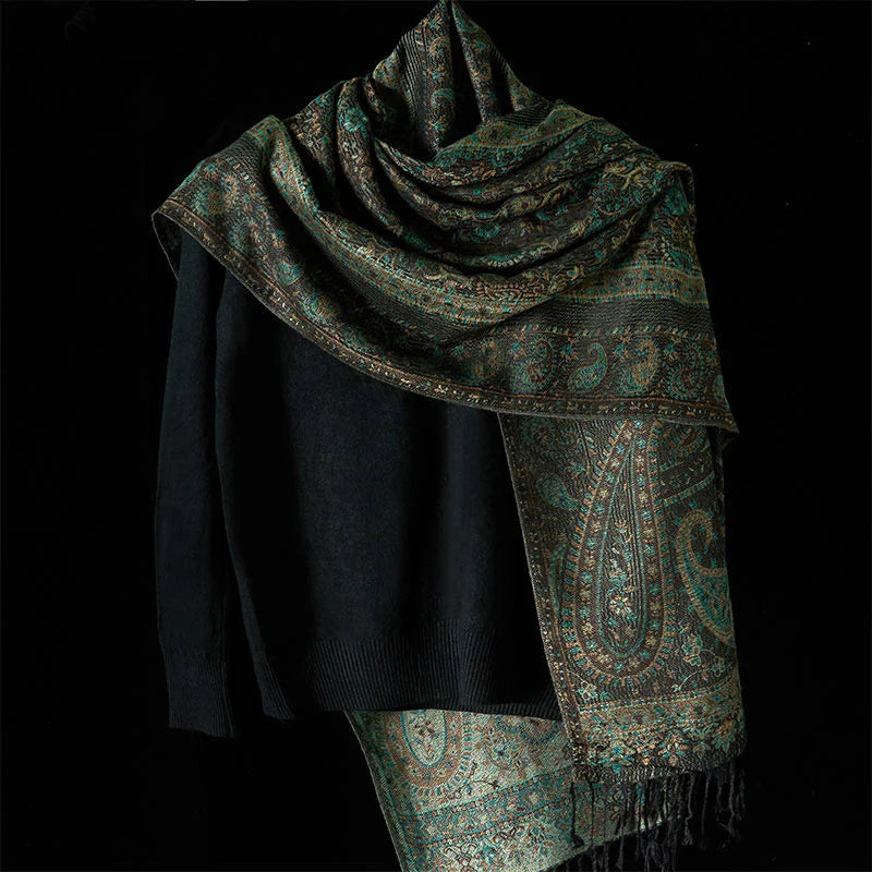 Buddha Stones Spring Green Cashew Flower Geometric Stripes Pattern Tassel Cozy Scarf Shawl