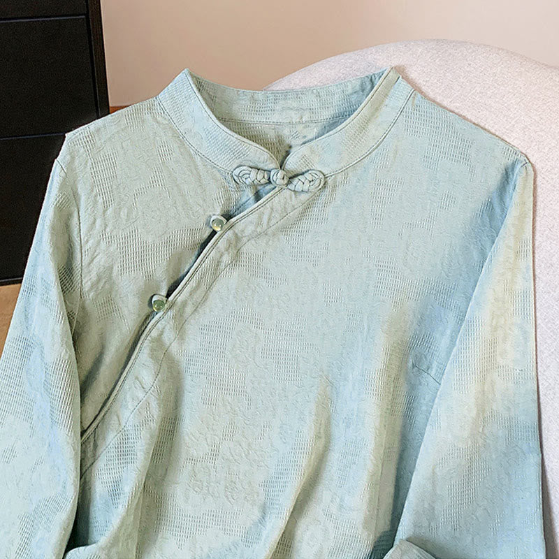 Buddha Stones Commute Jacquard Chinese Frog-Button Mandarin Collar Long Sleeve Women's Cotton Shirt