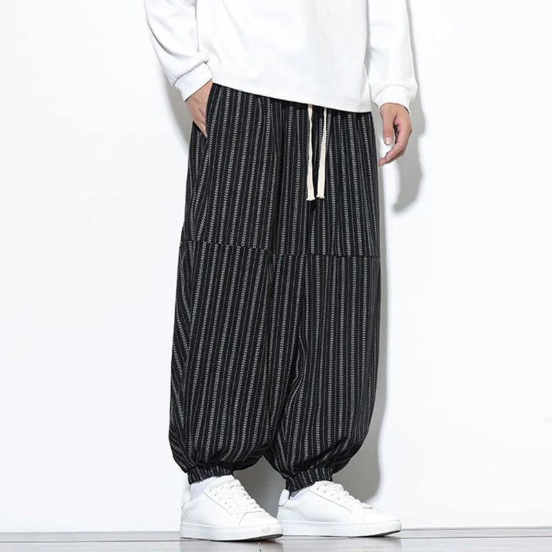 Buddha Stones Fall Striped Pattern Drawstring Men's Harem Corduroy Pants With Pockets