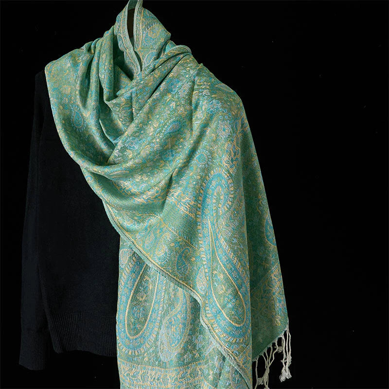 Buddha Stones Spring Green Cashew Flower Geometric Stripes Pattern Tassel Cozy Scarf Shawl