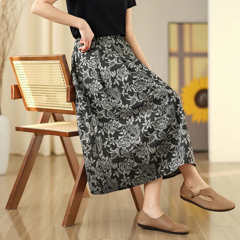 Buddha Stones Printing Flower Paisley Pattern A-line Elastic Waist Cotton Women's Skirt With Pockets