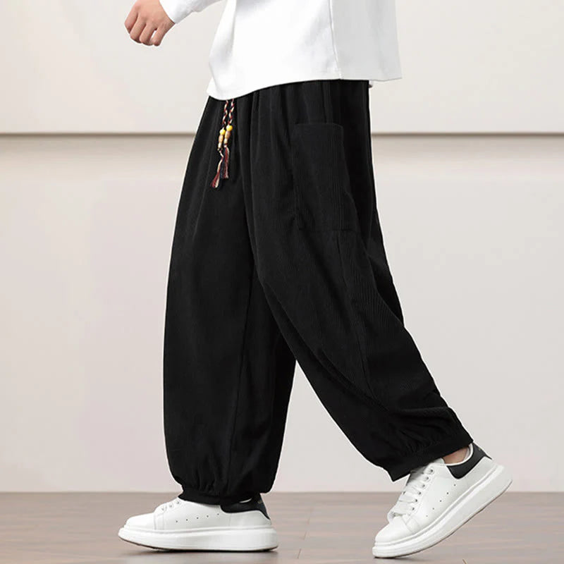 Buddha Stones Solid Color Corduroy Drawstring Men's Harem Pants With Pockets