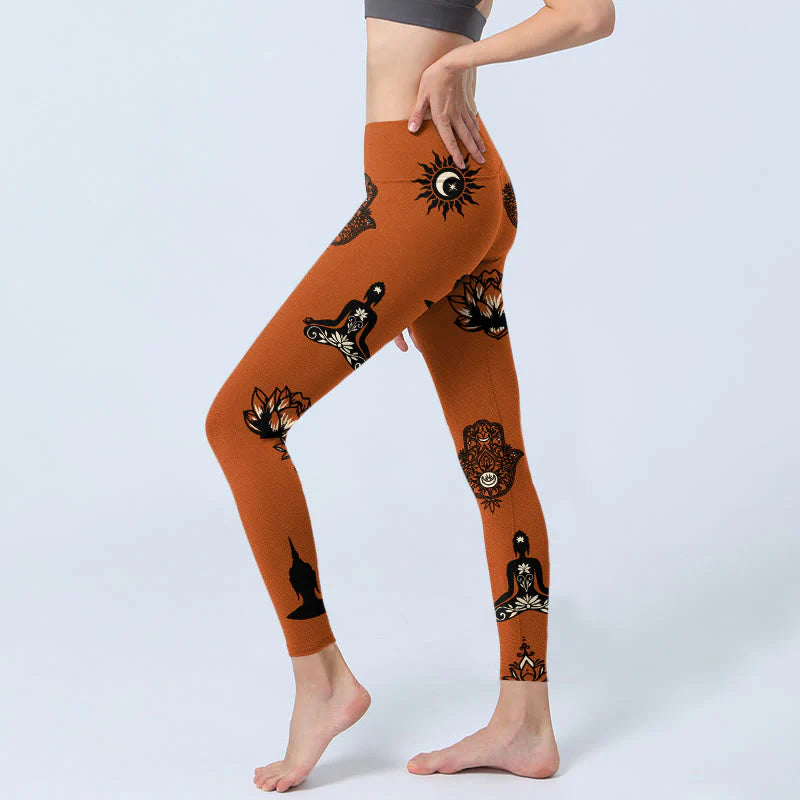 Buddha Stones Hamsa Hand Lotus Sun Pattern Gym Leggings Women's Yoga Pants