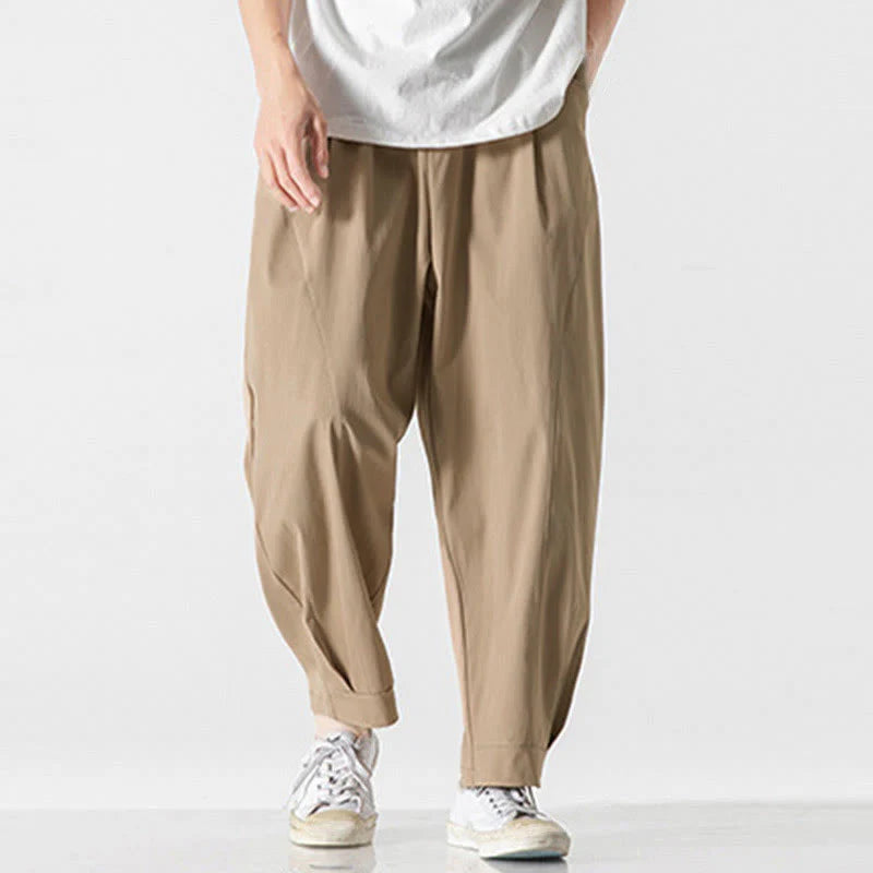 Buddha Stones Summer Solid Drawstring Ankle-Length Men's Cargo Harem Pants With Pockets