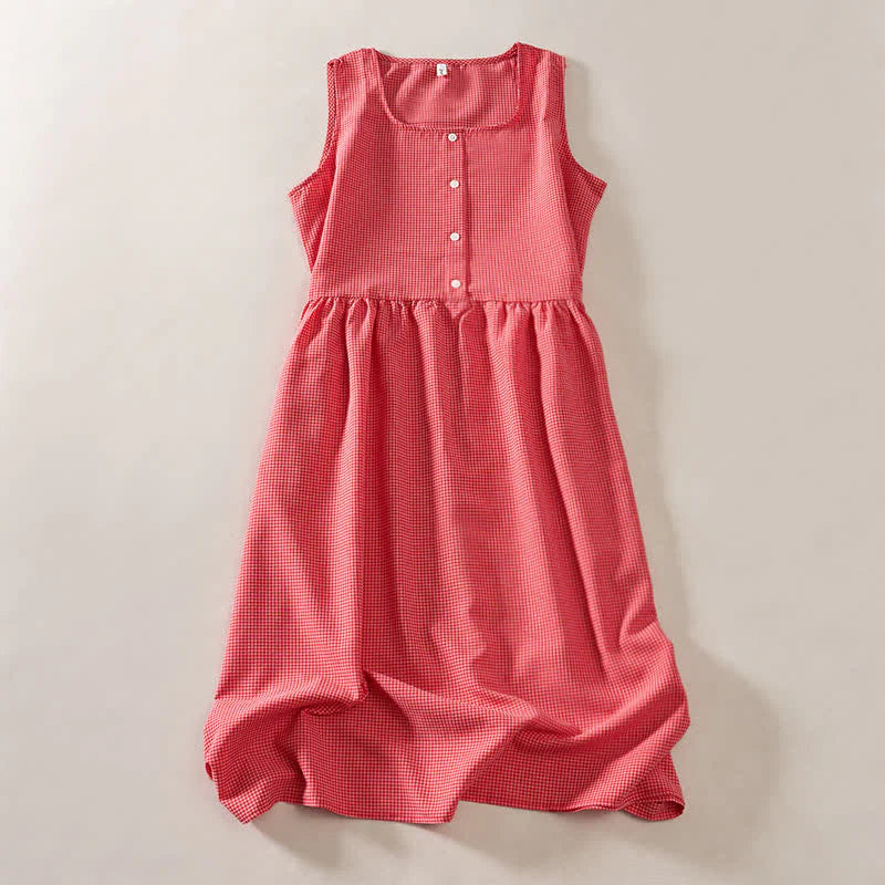 Buddha Stones Summer Coral Gingham Sleeveless A Line Vacation Casual Knee Length Dress With Pockets