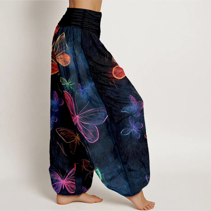 Buddha Stones Cotton Dreamlike Butterfly Pattern Women's Elastic Waist Harem Pants