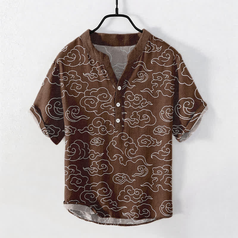 Buddha Stones Cotton Cloud Pattern Men's Short Sleeve Half Button Shirt