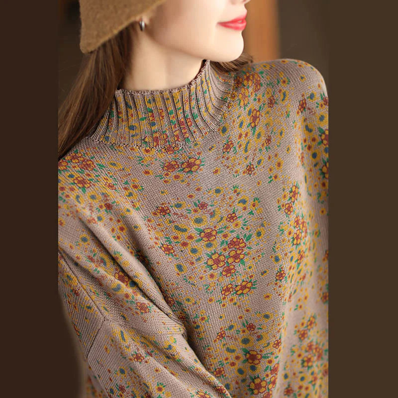 Buddha Stones Fall Printing Floral Long Sleeve Mock Neck Women's Knitted Cotton Sweater