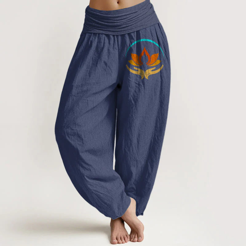 Buddha Stones Lotus Buddha Symbol Pattern Elastic Waist Women's Harem Pure Cotton Pants