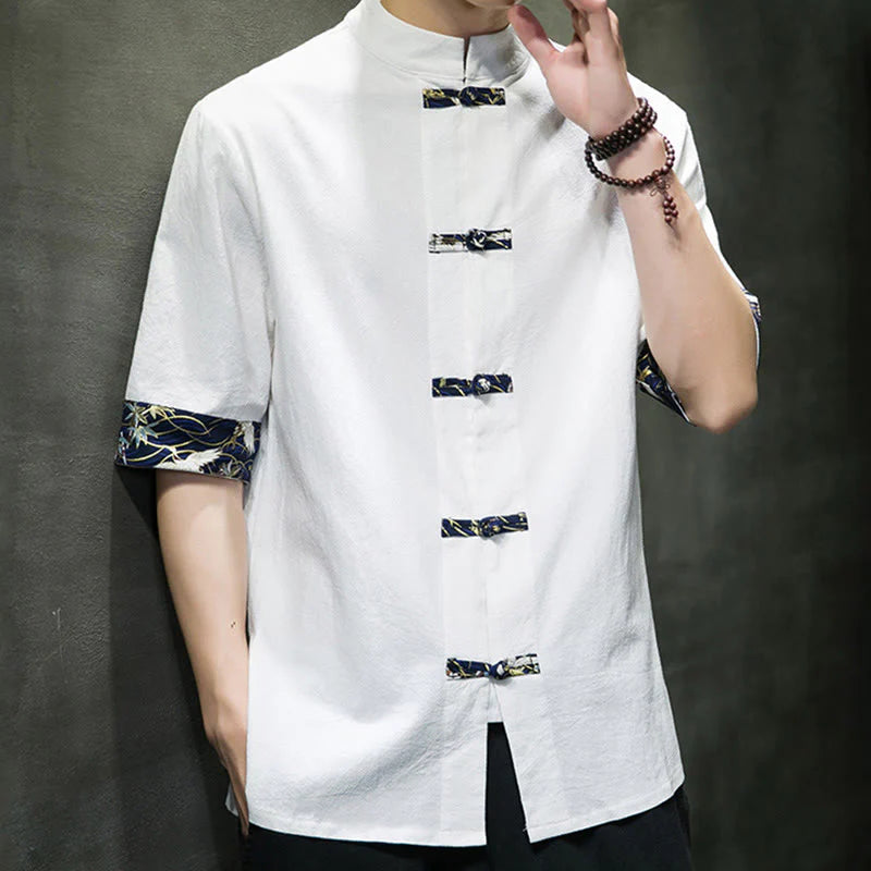 Buddha Stones Solid Color Frog-Button Stand Collar Men's Short Sleeve White Crane Cotton Shirt