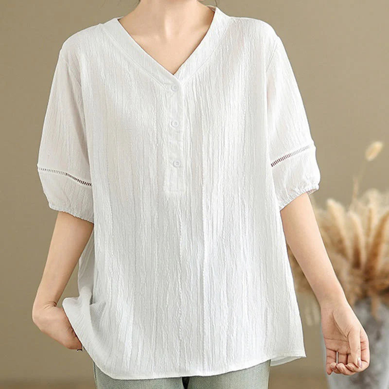 Buddha Stones Casual Plain Button V-Neck Women's Polyester Short Sleeve Shirt