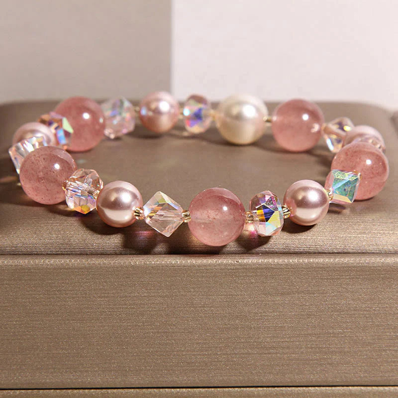 Buddha Stones Natural Strawberry Quartz White Crystal Pearl Positive Bracelet