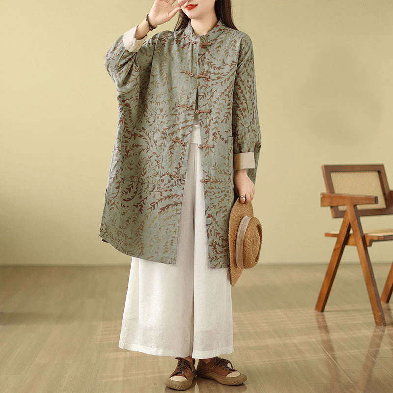 Buddha Stones Frog-button Vine Leaves Women's Coat With Pockets
