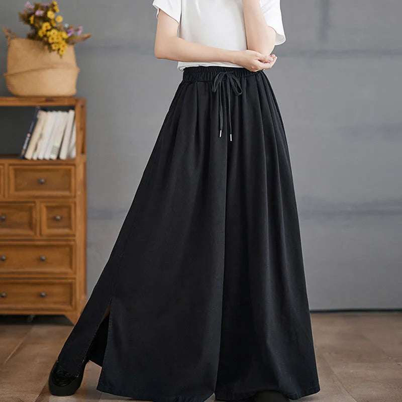 Buddha Stones Retro Leg Opening Slit Design Women's Wide Leg Pants With Pockets