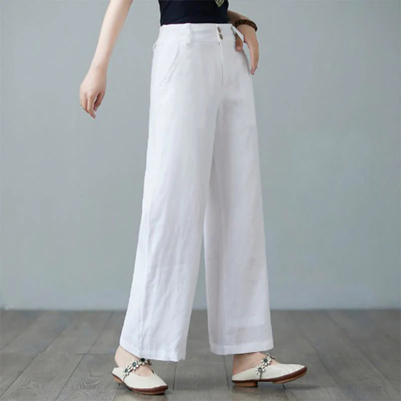 Buddha Stones Daily Solid Color Patchwork Simple Design Cotton Linen Women's Pants With Pockets
