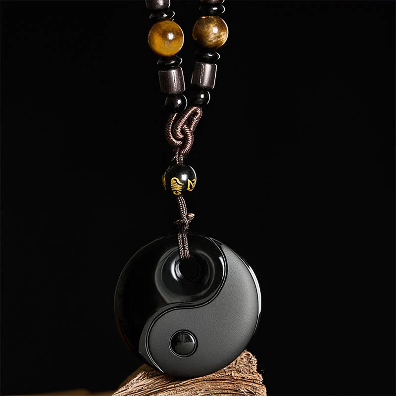 Buddha Stones Yin Yang Symbol Om Mani Padme Hum Black Obsidian Strength Necklace Pendant