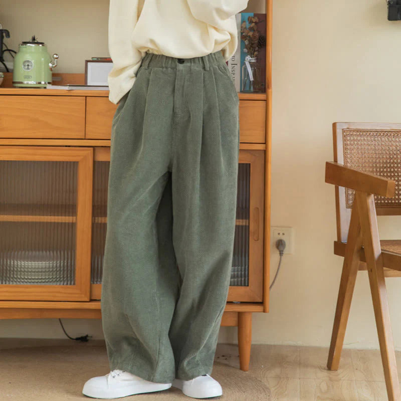 Buddha Stones Women's High Waist Zipper Design Wide Leg Cotton Corduroy Pants With Pockets