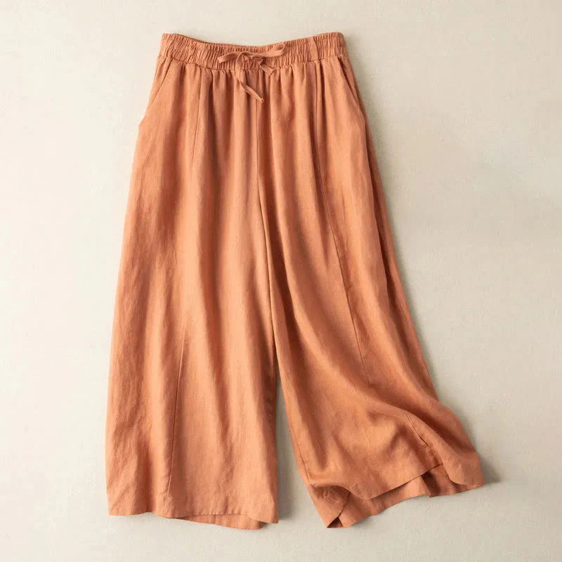 Buddha Stones Plain Color 7-8 Length Capri Cropped Pants Cotton Linen Women's Wide Leg Pants With Pockets