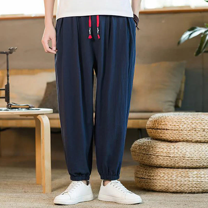 Buddha Stones Plain Color Red Drawstring Linen Men's  Pants With Pockets