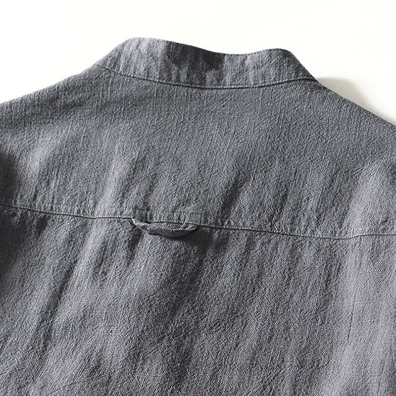Buddha Stones Solid Color Men's Buttons Long Sleeve Cotton Linen Shirt With Pockets