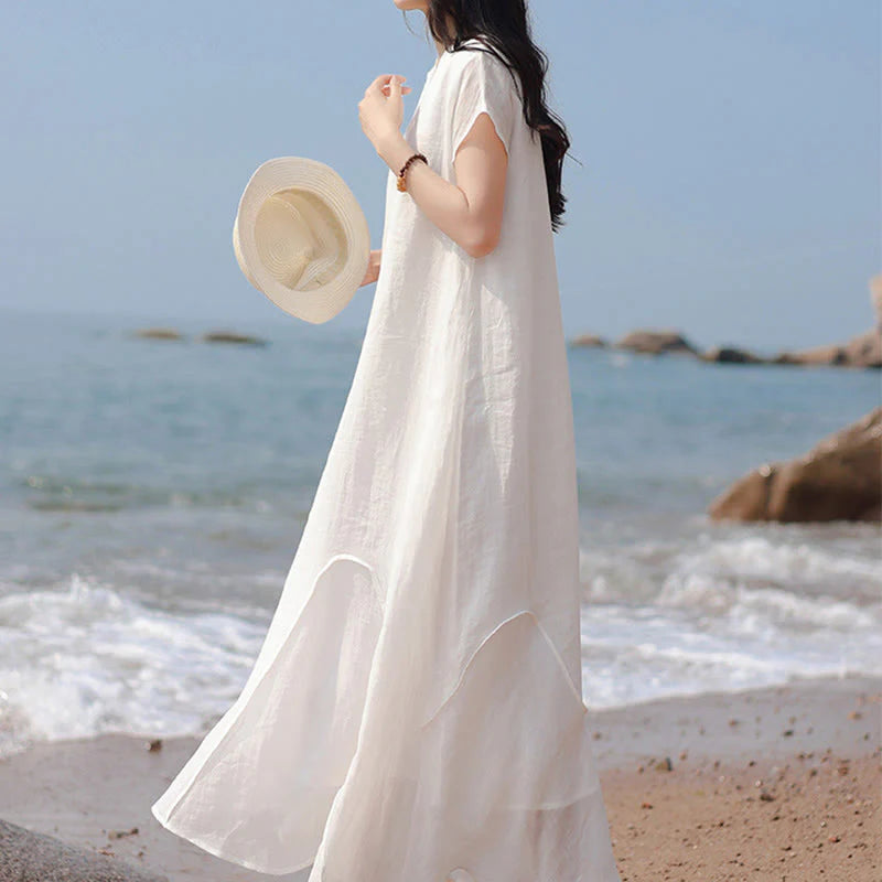Buddha Stones Plain Irregular Hem Short Sleeve Cotton Linen Maxi Dress