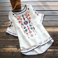 Buddha Stones Retro Artistic Embroidery Floral Pattern Crew Neck Women's Cotton Linen Short Sleeve T-Shirt