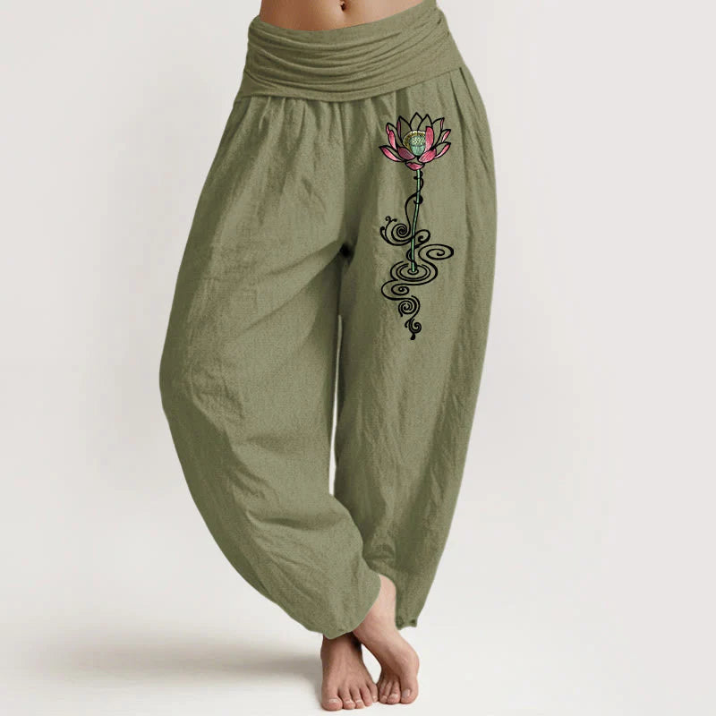 Buddha Stones Pure Cotton Simple Lotus Flower Pattern Women's Elastic Waist Harem Pants
