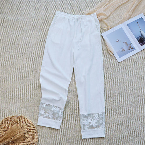 Buddha Stones Summer Daily FloralWhite Plain Patchwork Lace Design Cotton Linen Women's Pants With Pockets