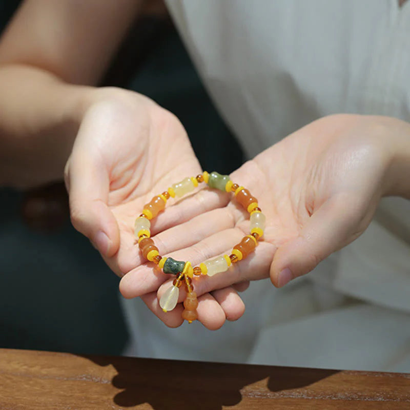 Buddha Stones Natural Golden Silk Jade Gourd Wealth Charm Bracelet