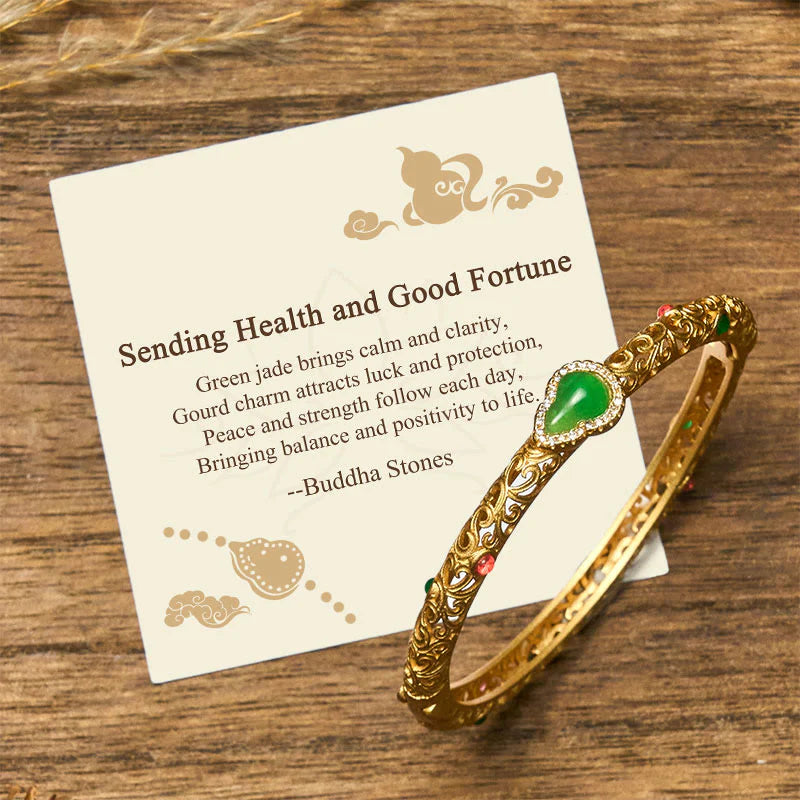 Buddha Stones Sending Health and Good Fortune Cyan Jade Copper Bangle Includes Gift Message Card
