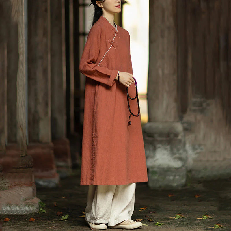 Buddha Stones Solid Frog-Button Long Sleeve Ramie Linen Midi Dress Cheongsam With Pockets