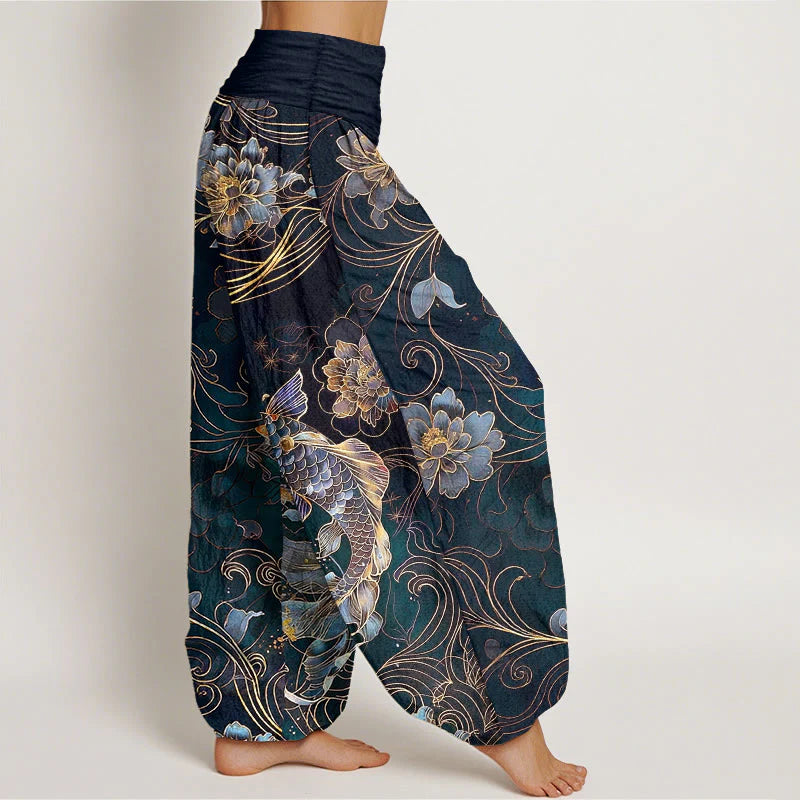 Buddha Stones Pure Cotton Dreamlike Koi Fish Peony Curve Pattern Women's Elastic Waist Harem Pants
