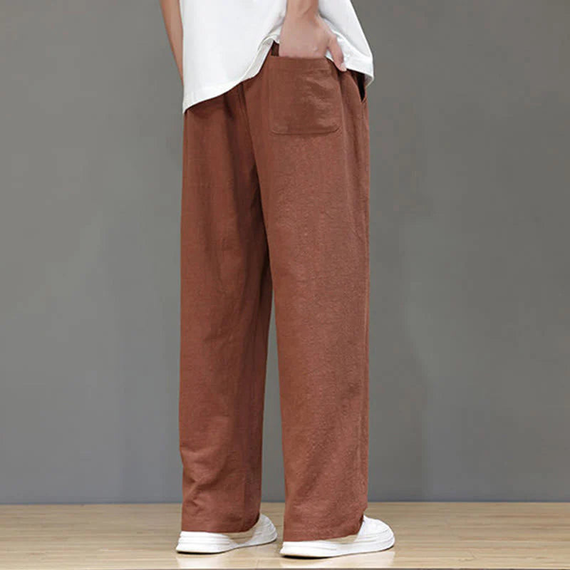 Buddha Stones Summer Men's Cotton Linen Straight Leg Pants With Pockets