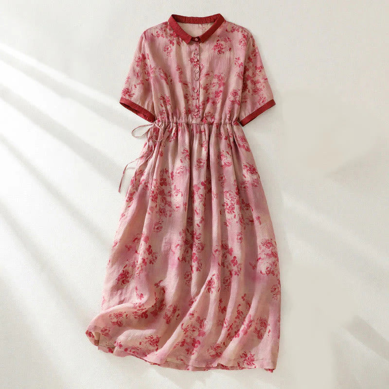 Buddha Stones Printing Buttons Drawstring High Waist Short Sleeve Cotton Midi Dress With Pockets