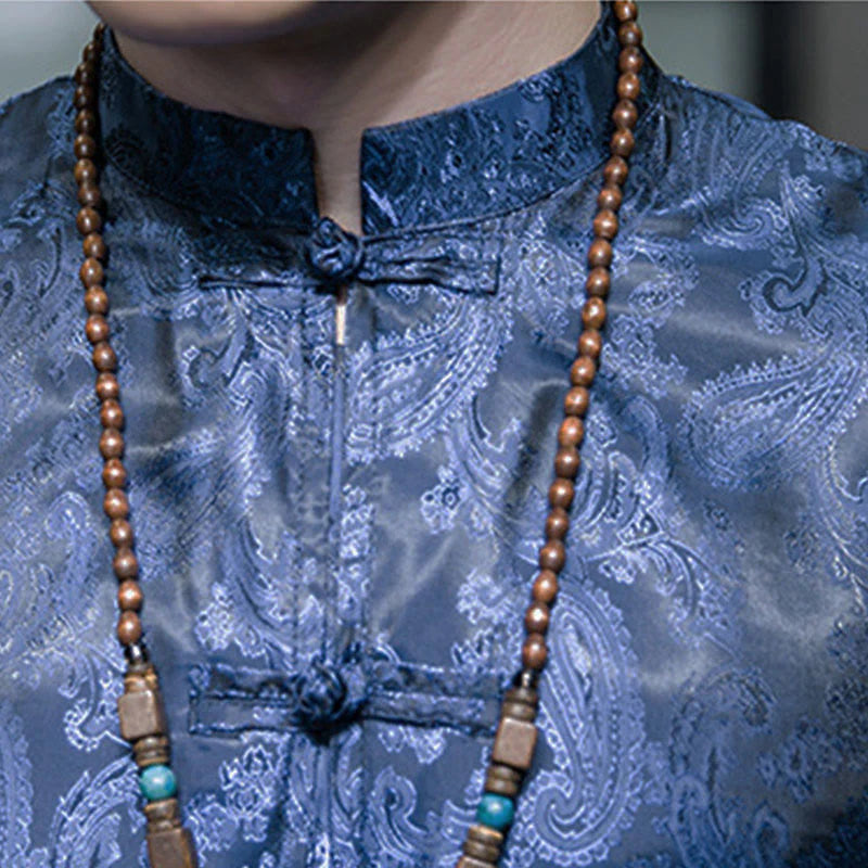Buddha Stones Summer Cashew Flowers Pattern Men's Frog-Button Half Sleeve Shirts