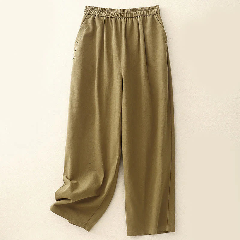 Buddha Stones Casual Snap Buttons Women's Cotton Polyester Pants With Pockets