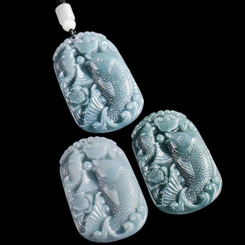 Buddha Stones Natural Jade Carving Double Koi Fish Rope Prosperity Necklace Pendant
