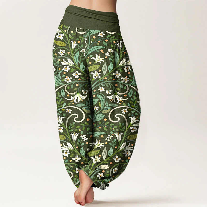 Buddha Stones Pure Cotton Elegant Lily Petal Leaf Pattern Women's Elastic Waist Harem Pants