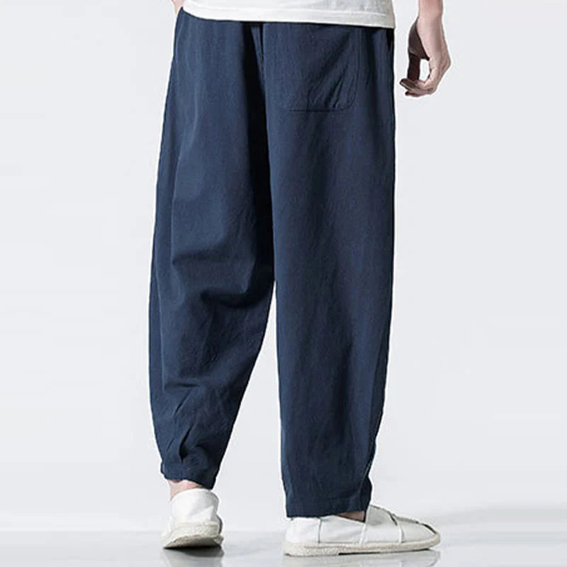 Buddha Stones Drawstring Elastic Waist Ankle-Length Men's Cotton Pants With Pockets