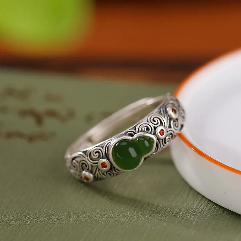 Buddha Stones 925 Sterling Silver Red Agate Cyan Jade Gourd Blessing Auspicious Ring