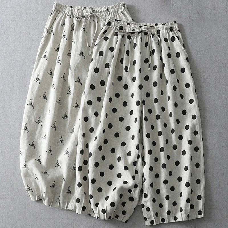 Buddha Stones Polka Dot Floral Pattern Pattern Women's Cotton Linen Harem Pants With Pockets