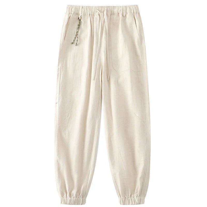 Buddha Stones Summer Ramie Linen Cotton Ankle-Length Elastic Cuffs Tapered Men's Pants With Pockets