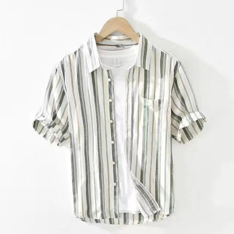 Buddha Stones Fall Stripe Decorative Pocket Buttons Down Long Sleeve Three Quarter Sleeve Short Sleeve Men's Cotton Shirt