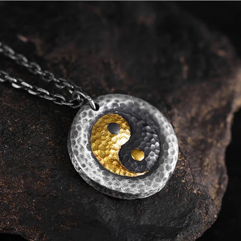 Buddha Stones 999 Sterling Silver 999 Gold Yin Yang Balance Titanium Steel Chain Necklace Pendant