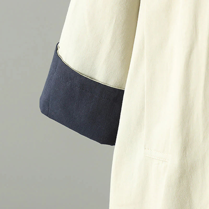 Buddha Stones Fall Lapel Buttons Patchwork Design Women's Cotton Long Sleeve Coat With Pockets