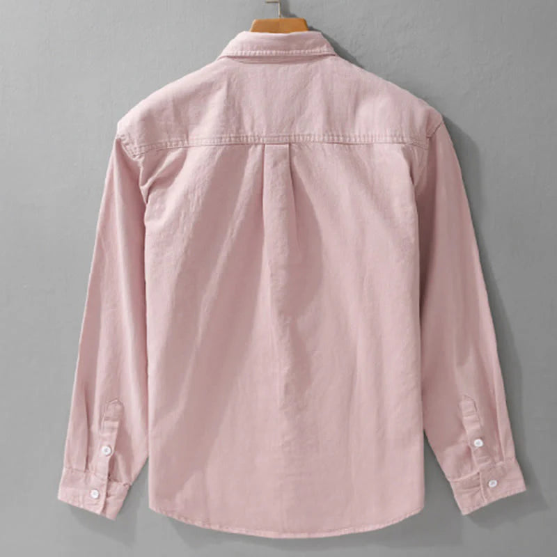 Buddha Stones Solid Buttons Down Decorative Pocket Men's Stand Collar Long Sleeve Cotton Shirt